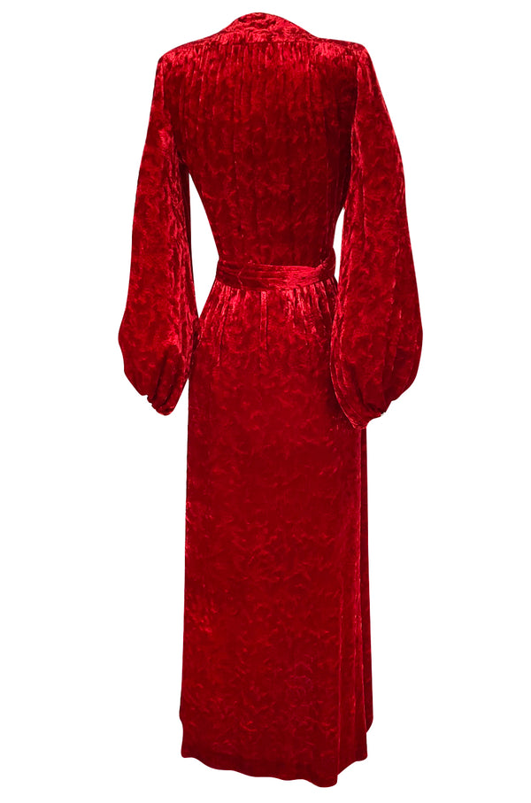 1985 Yves Saint Laurent Red Crushed Velvet Wrap Plunge Dress