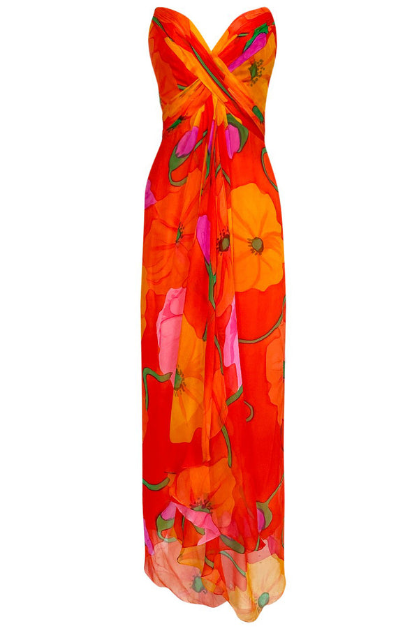 Spring 1992 Bob Mackie Huge Tropical Flower Print Silk Chiffon Dress w Matching Cape