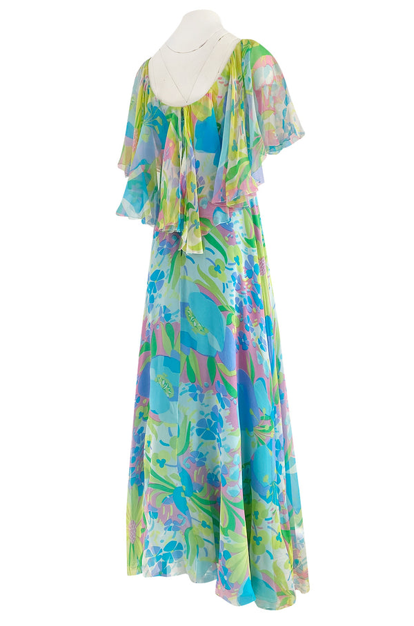 1970s Stavropoulos Couture Bias Cut Pastel Floral Turquoise Silk Chiffon Dress w Caped Detail