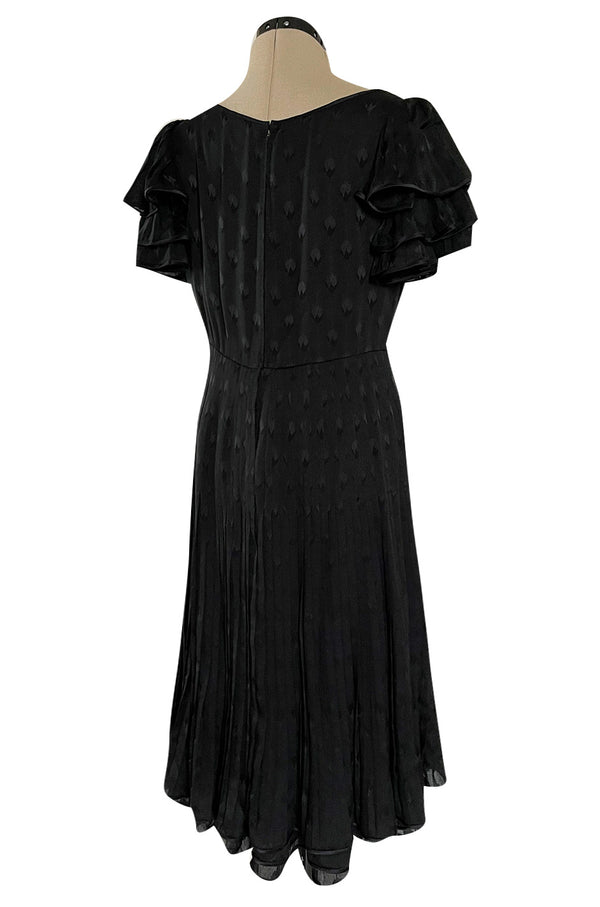 Spring 1980 Valentino Haute Couture Black Floral Silk Dress w Ruffle Sleeves & Pleated Skirt