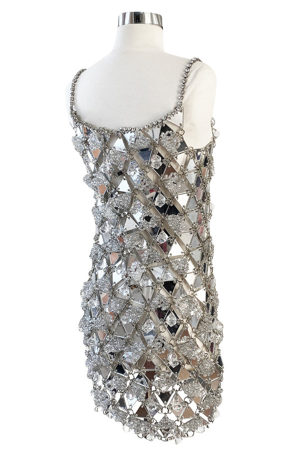 c.1967 Paco Rabanne Couture Mirrored Triangle, Metal, Rhinestone & Beaded Mini Dress w Matching Bag