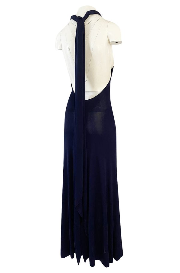 Important 1977 Halston Couture Navy Multi-Way Silk Jersey Plunge Dress w Extra Long Ties