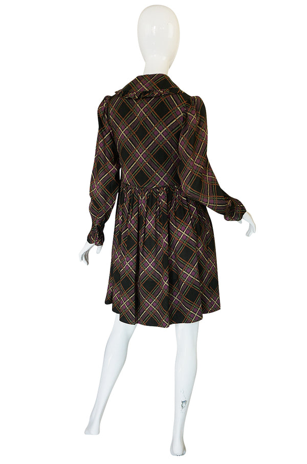 1970s Yves Saint Laurent Ruffled Front Baby Doll Plaid Dress