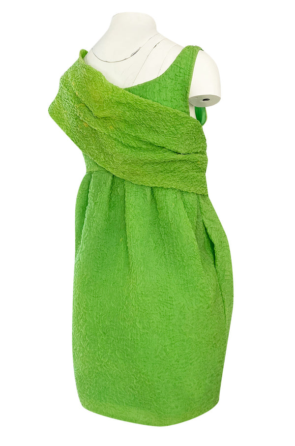 Spring 1988 Christian Lacroix Luxe Label Demi-Couture Lime Green Puff Silk Dress W Changeable Panel