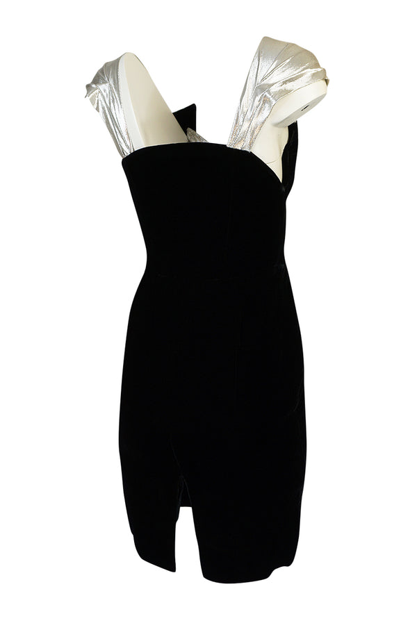 1990s Thierry Mugler Futuristic Silver & Black Velvet Dress