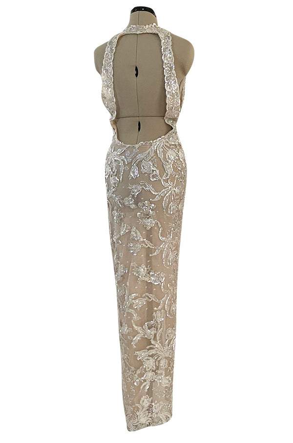 Feather Light Spring 1984 John Anthony Couture Plunging Ivory Lace Dress w Sequin Detailing