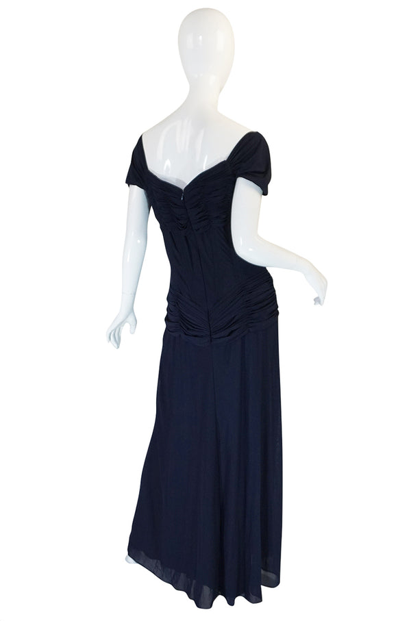 1980s Vicky Tiel Couture Fine Navy Net Draped Corset Dress