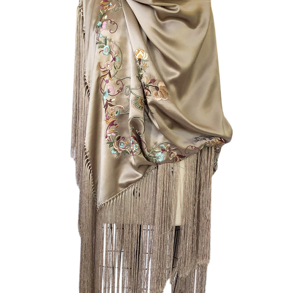 1990s John Galliano Gold Toned Silk w Fringe & Embroidery Couture Scarf