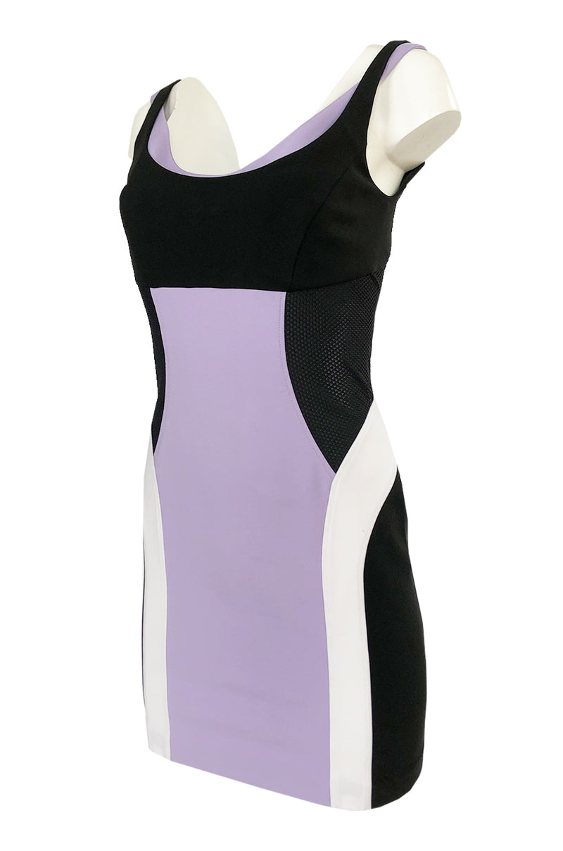 Recent Versace Purple Curved Panel w Netted Sides Stretch Bandage Dress