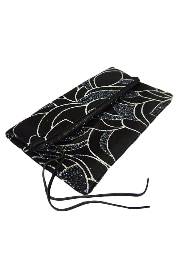 Vintage Black & Silver Glitter Fold Clutch