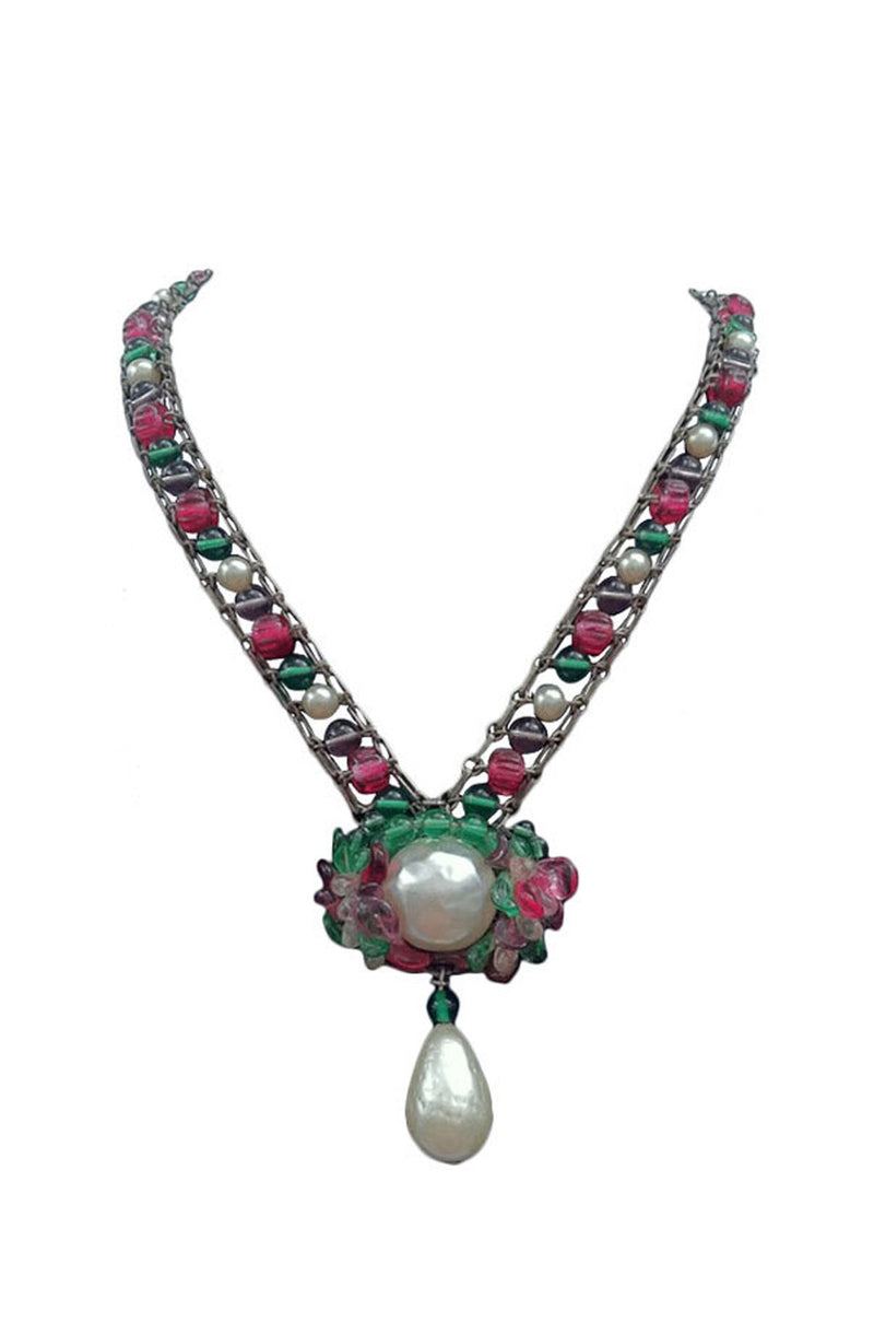 1950s Signed Louis Rousselet Bracelet, Pearls & Green Glass