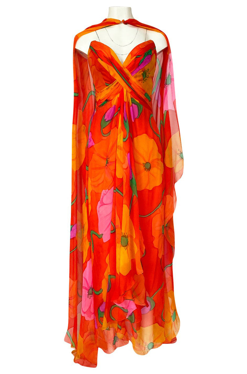 Spring 1992 Bob Mackie Huge Tropical Flower Print Silk Chiffon Dress w Matching Cape