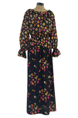 Early 1970s Christian Dior by Marc Bohan Demi-Couture Floral Silk Skirt & Top Dress Set