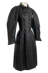 Important Fall 1983 Yves Saint Laurent Runway Leather Coat w Huge Sleeves & Buttons