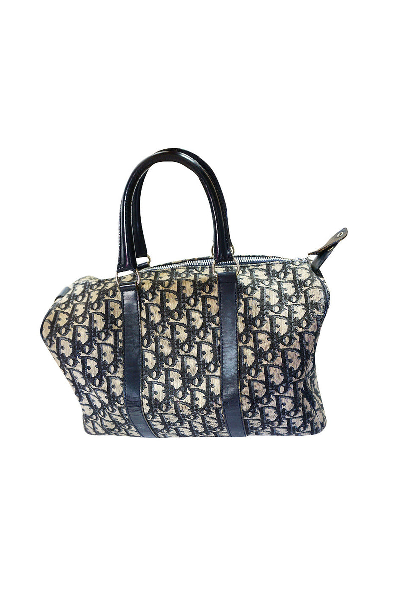 Dior Trotter vintage Mini Boston Hand Bag Duffle Bag Canvas/Leather Navy