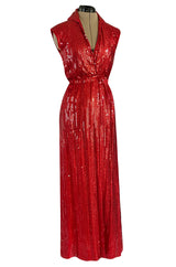 Iconic 1970s Halston Couture Glossy Red Sequin Full Length Wrap Dress w Plunge Front