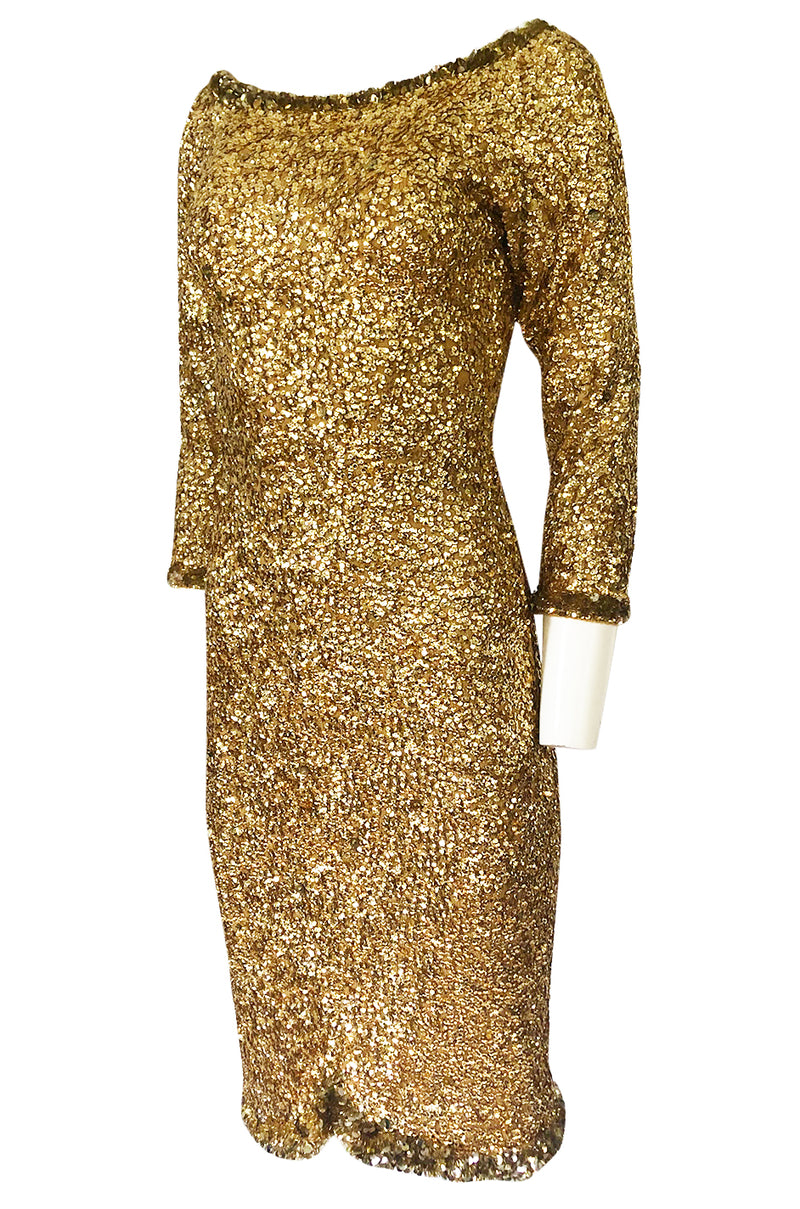 1960s Gene Shelly Gold Sequin w Paillette Detailing Stretch Knit Dress ...