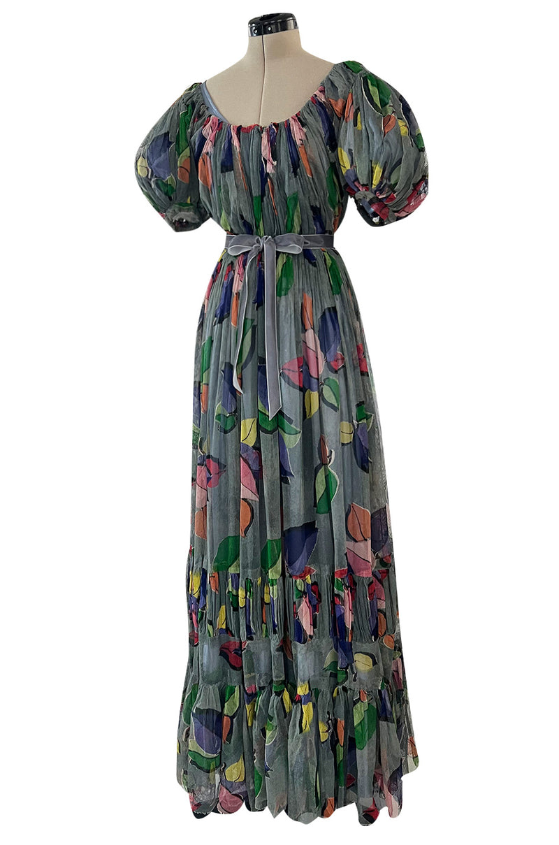 Extraordinary 1940s French Couture Floral Print Pale Blue Grey Net Dress w Original Underdress