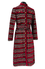 1960s Davidow Red Black & White Fused Cut Velvet Dream Carpet Coat w Matching Belt