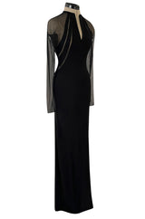 Spectacular 2005 John Anthony Couture Black Stretch Jersey Dress w Curved Netted Cut Outs