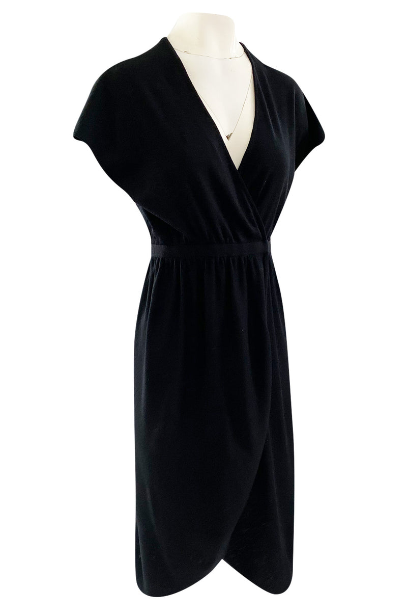 Classic 1970s Halston Soft Black Wool Jersey Front Wrap Dress w Plunging Neckline