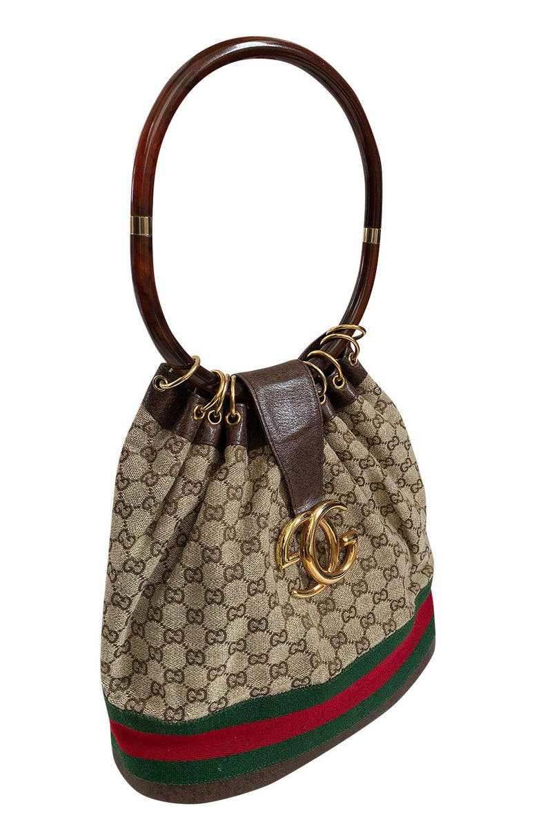 Vintage Authentic Gucci Logo Canvas Brown Leather Hobo Shoulder Bag