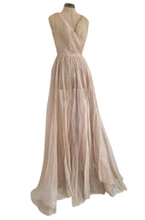 Rare Late 1940s Jacques Fath Pale Nude Silk Organza Dress w Full Skirt & Plunge Front