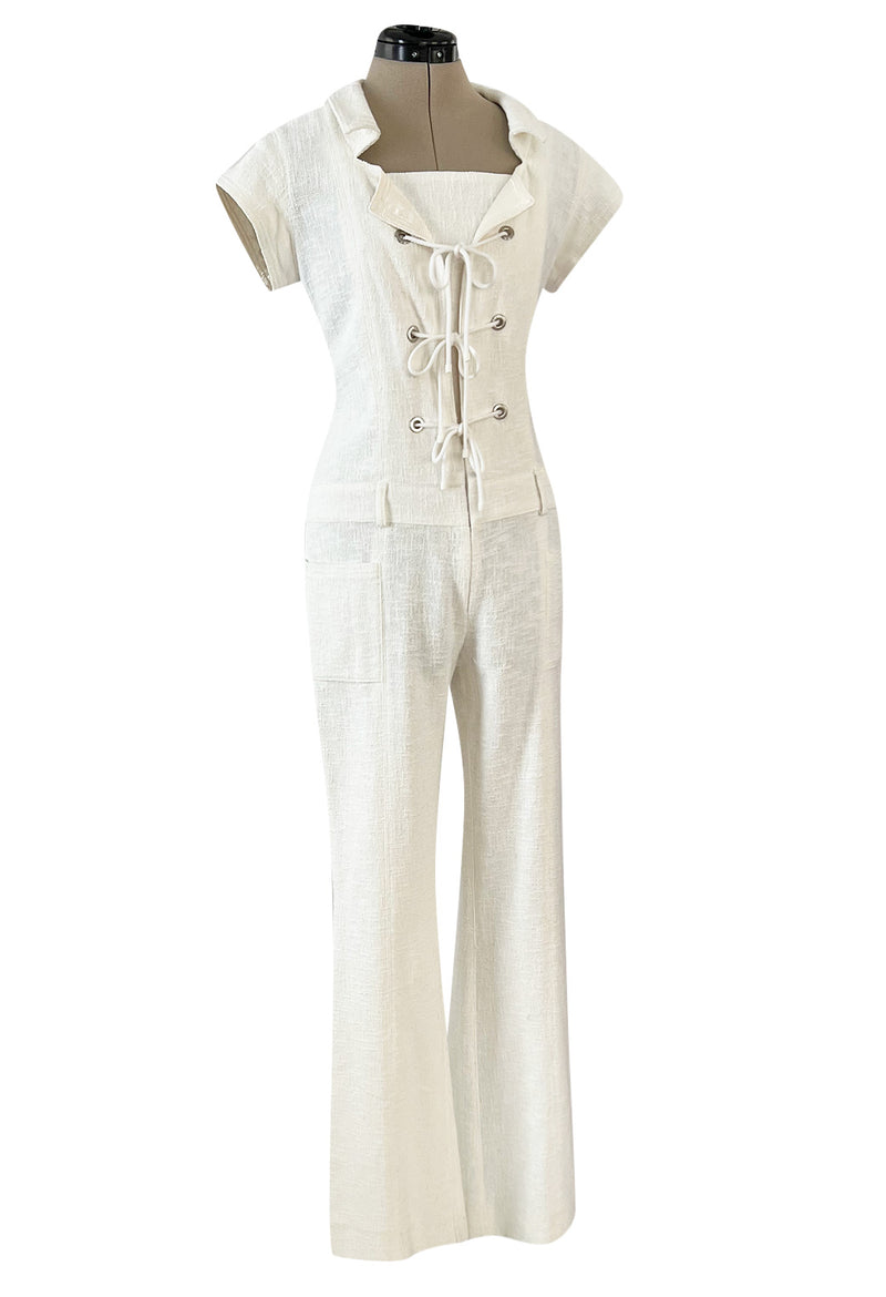 Fabulous 2007 Chanel Resort Runway Textured White Lace Front Pocket Jumpsuit