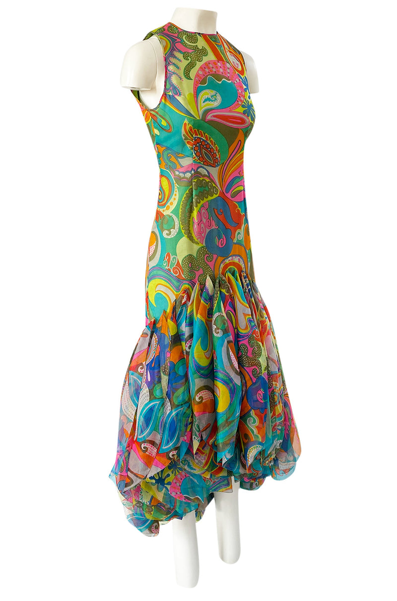 1971 Pierre Cardin Couture Printed Silk Organza Ruffled 'Roundel' Hem Dress