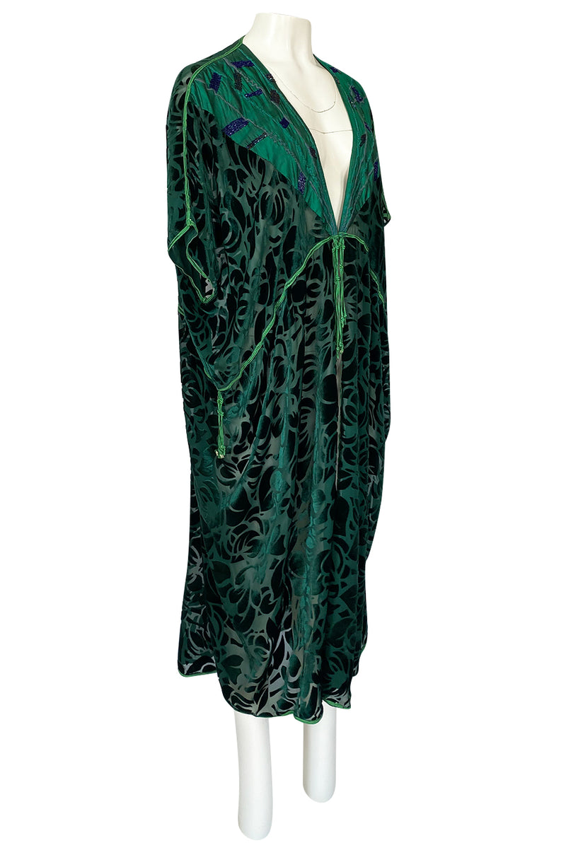 Rare 1977 Thea Porter Couture Green Fused Velvet Open Front Abaya Caftan