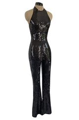 1980s OMO Norma Kamali Black Sequin Stretch Jumpsuit w Blue Sequin Pattern at the Back