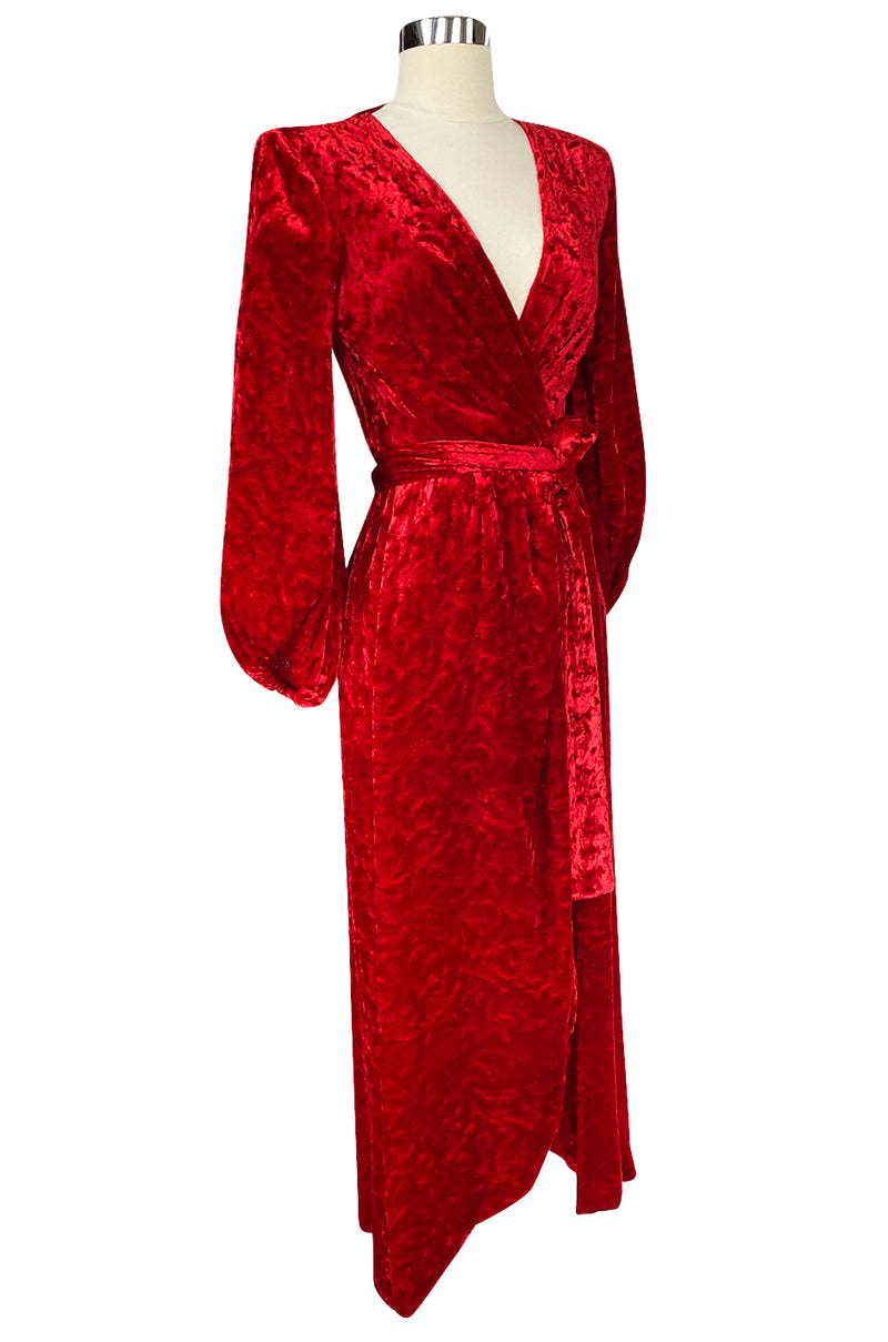 1985 Yves Saint Laurent Red Crushed Velvet Wrap Plunge Dress