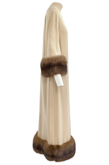 Fall 1966 Norman Norell Couture Ivory Silk Crepe Dress w Natural Mink Cuffs & Hem Detailing