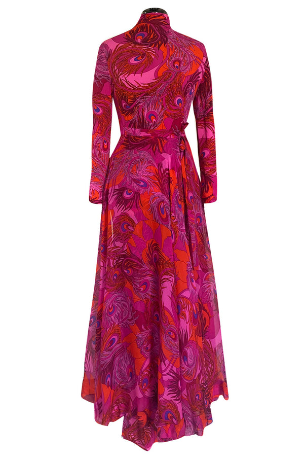 1972 La Mendola Silk Jersey Dress w Skirt Chiffon Skirt in the 'Paridiso' Peacock Feather Print