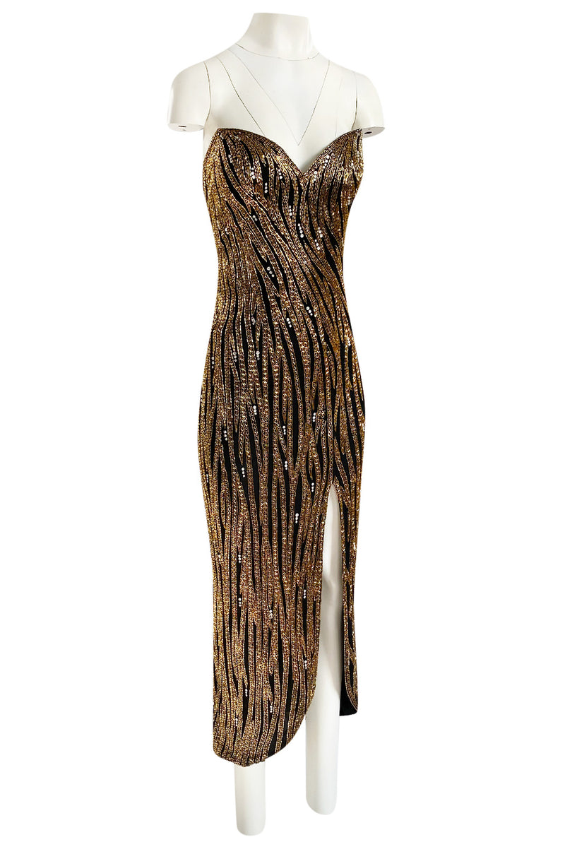 Stunning 1980s Bob Mackie Gold Glass Beaded & Silk Chiffon Strapless Dress