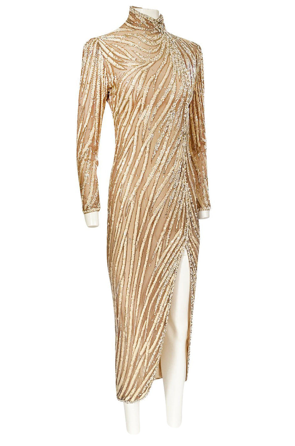 1980s Bob Mackie Ivory Sequin & Nude Stretch Net High Slit Dress ...