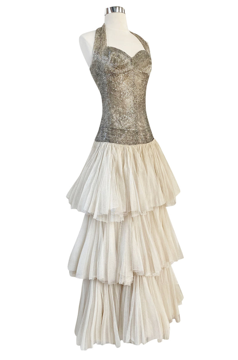 Rare Late 1920s Early 1930s Howard Greer Silver Beaded Halter Dress w ...