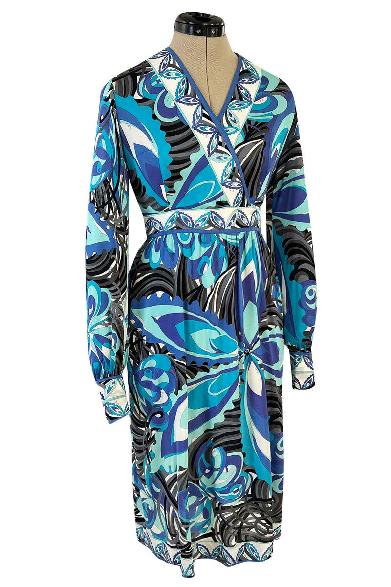 Bold Silk Pucci w Floral Jersey – Emilio Printed 1960s Couture Shrimpton Dress Blue Ocean