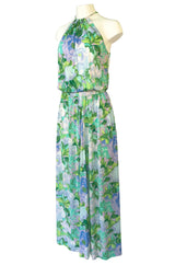 1970s Ken Scott Green Floral & Leaf Print Jersey Halter Dress