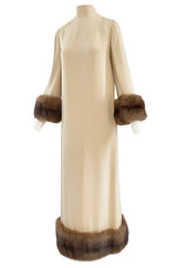 Fall 1966 Norman Norell Couture Ivory Silk Crepe Dress w Natural Mink Cuffs & Hem Detailing