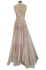 Rare Late 1940s Jacques Fath Pale Nude Silk Organza Dress w Full Skirt & Plunge Front