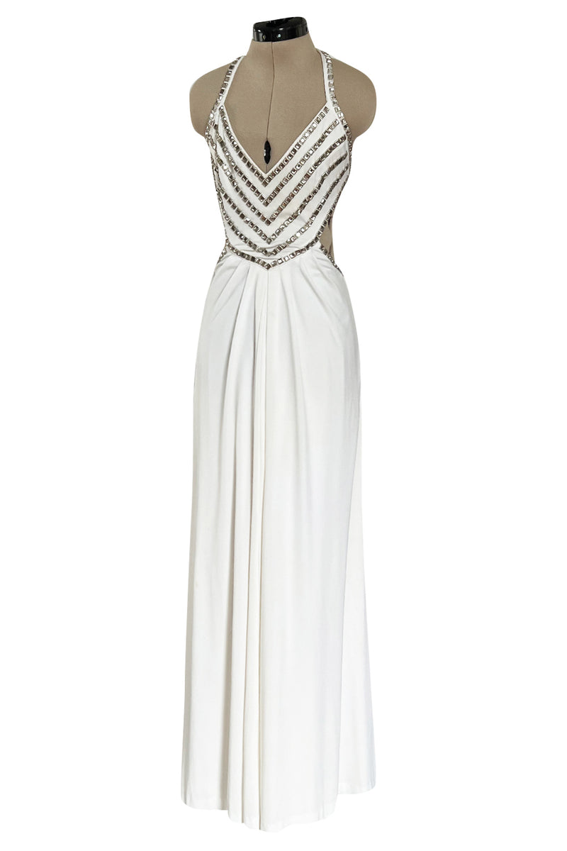 Stellar 1970s Luis Estevez Backless White Jersey Dress w Silver