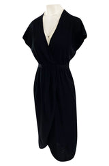 Classic 1970s Halston Soft Black Wool Jersey Front Wrap Dress w Plunging Neckline