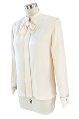 1990s Yves Saint Laurent Haute Couture Ivory Cream Silk Top w Bow & French Cuffs