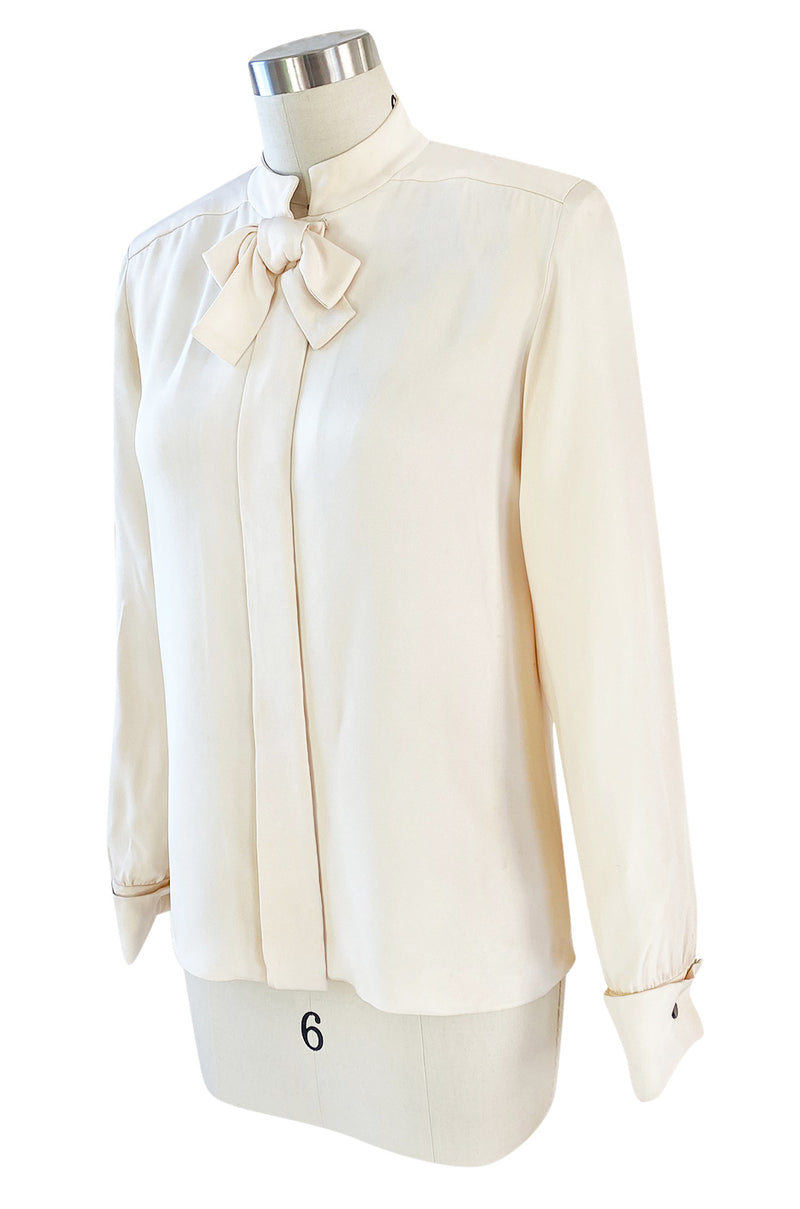 1990s Yves Saint Laurent Haute Couture Ivory Cream Silk Top w Bow & French Cuffs