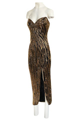 Stunning 1980s Bob Mackie Gold Glass Beaded & Silk Chiffon Strapless Dress