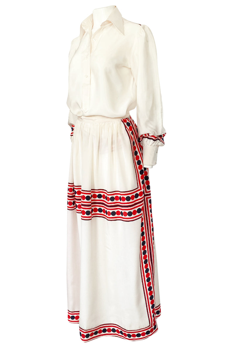 1960s Valentino Two Piece Ivory and Red Striped Silk Skirt & Top Set