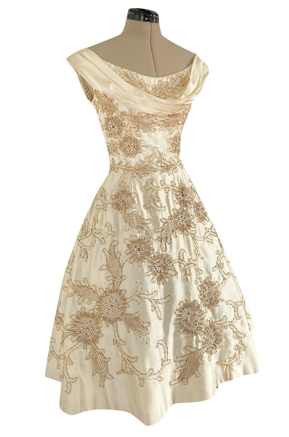 Incredible 1950s Ceil Chapman Ivory Silk Satin Dress w Gold Metal Ribb ...