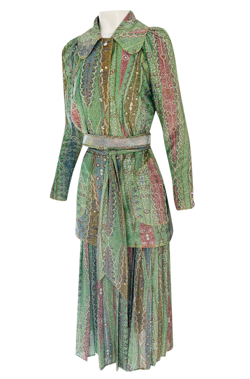 Rare 1973 Bill Gibb Museum Documented Metallic Green Lurex Skirt Top and Jacket Set