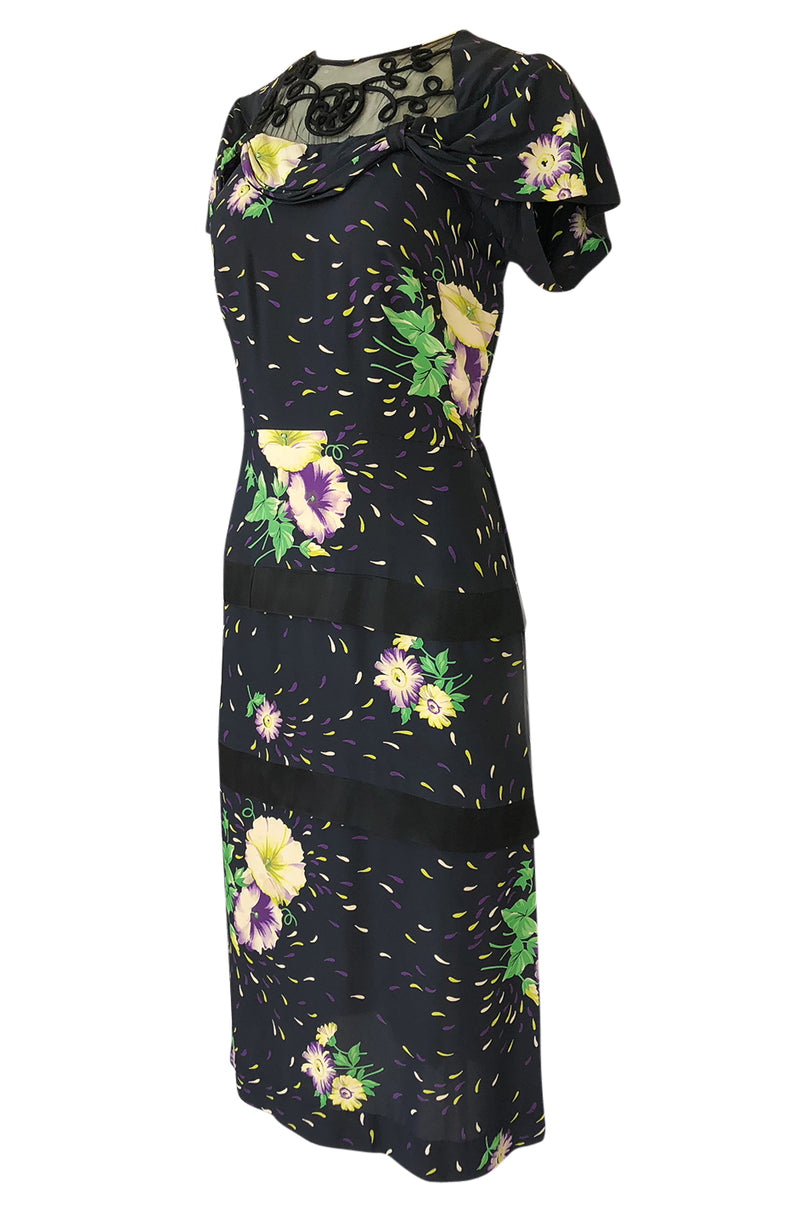 1940s Unlabelled Hand Painted Floral Print Silky Rayon & Net Dress ...